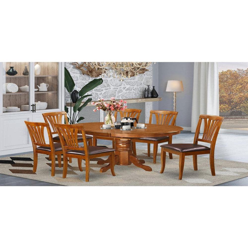 East West Furniture Avon 7-Piece Dining Set with Leather Seat in Saddle Brown