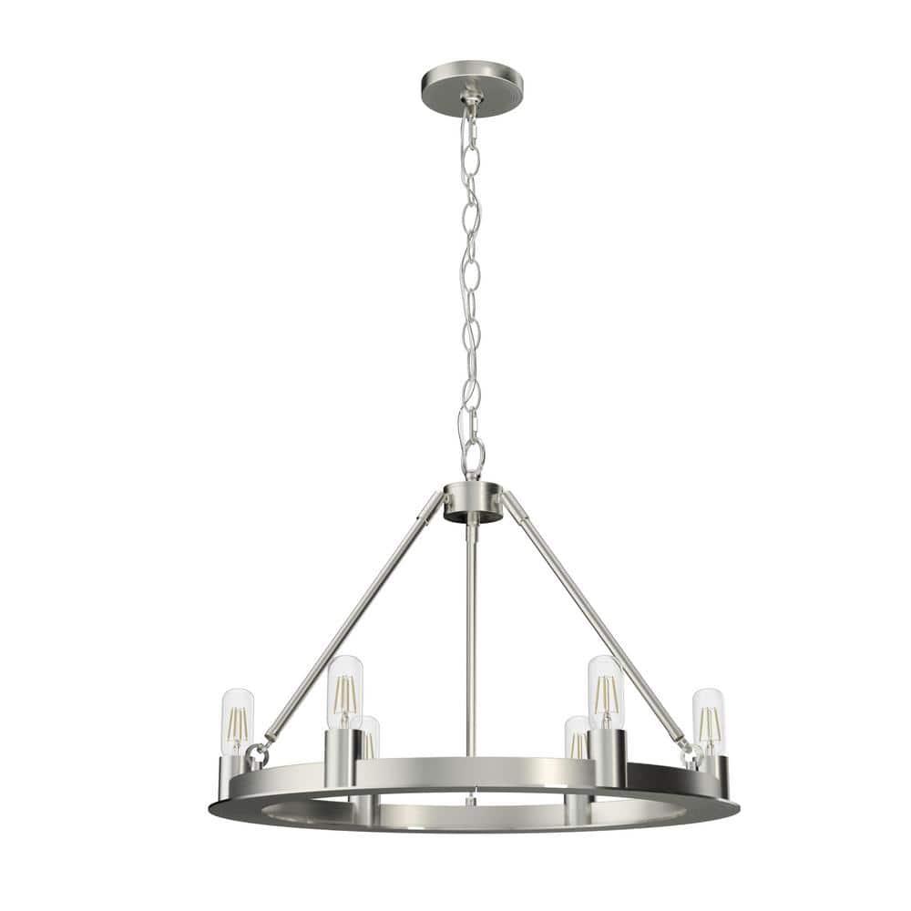 Hunter - Saddlewood 6-light Brushed Nickel, Large Chandelier, Dimmable, Casual Style, Wagon Wheel Shaped, for Bedrooms, Kitchens, Dining, Living Rooms - 19034
