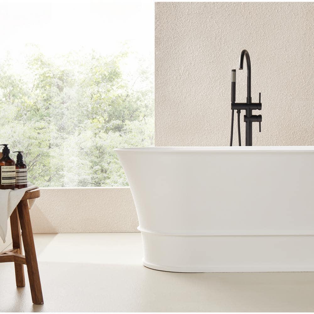 59" x 27.5" Freestanding Soaking Stone Resin Bathtub with Pure White Overflow and Pop Up Drain