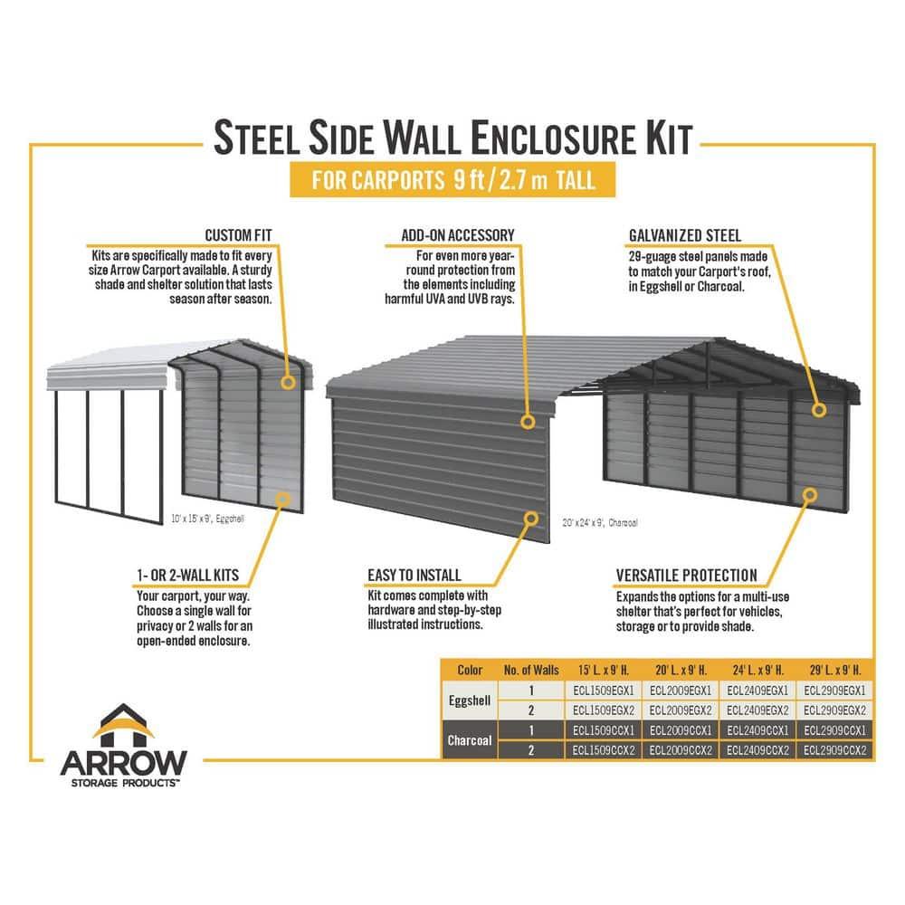 Arrow 24 x 20 ft Charcoal Carport with 1-sided Enclosure