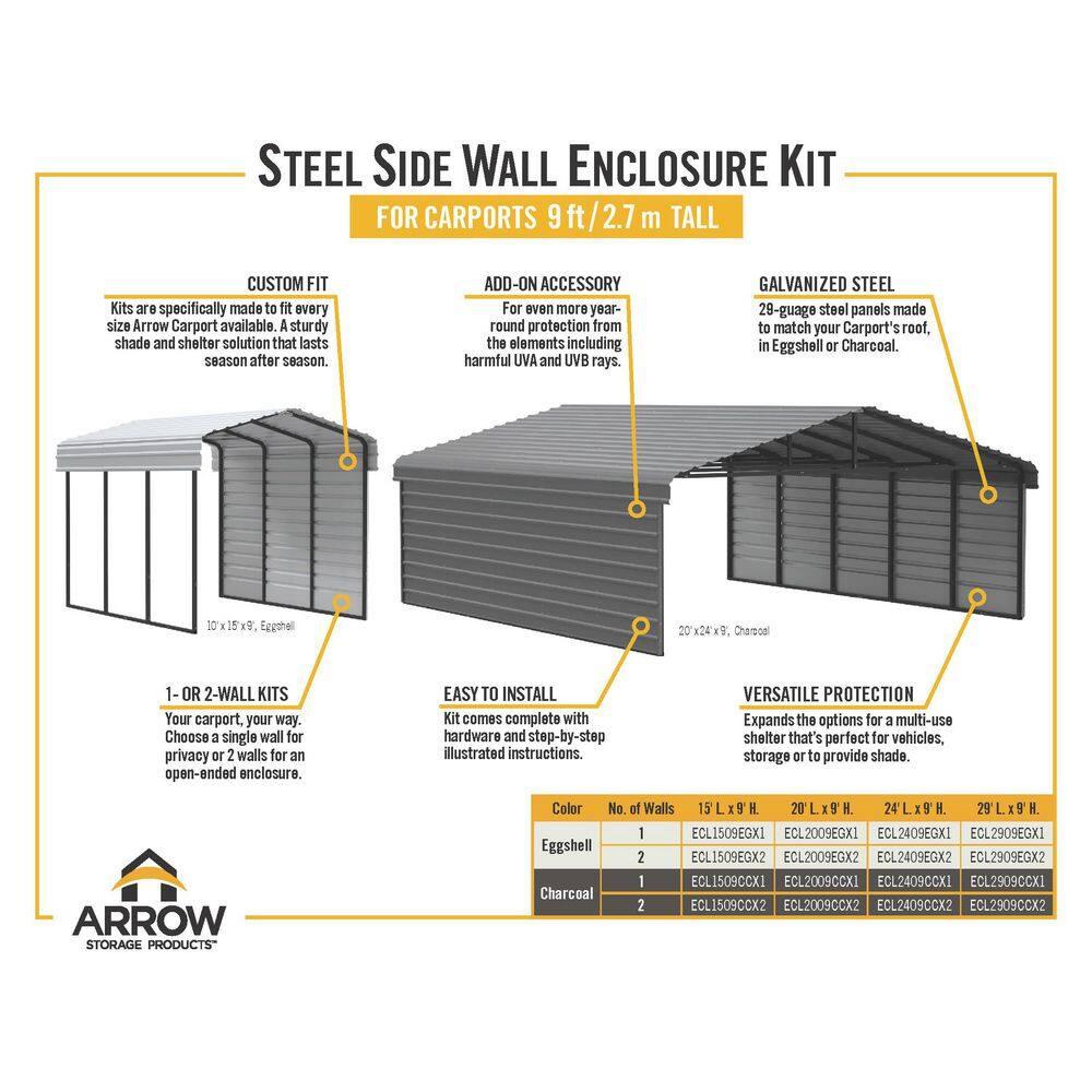 Arrow Arrow Steel Carport with 2 Side Wall Kits, 12x24x09