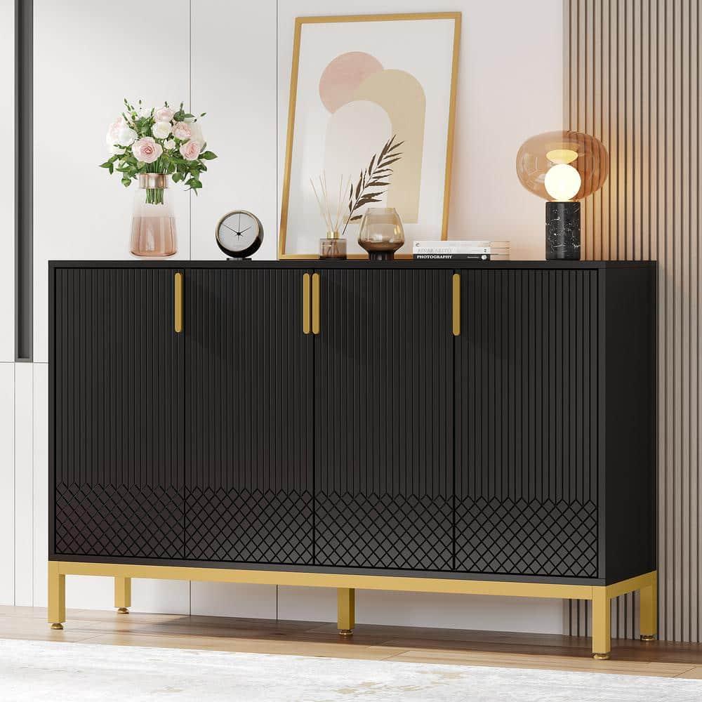 Finmind 59" Buffet Cabinet, 4-Door Storage Sideboard, Black & Gold Coffee Bar Cabinet for Dining Room or Living Room