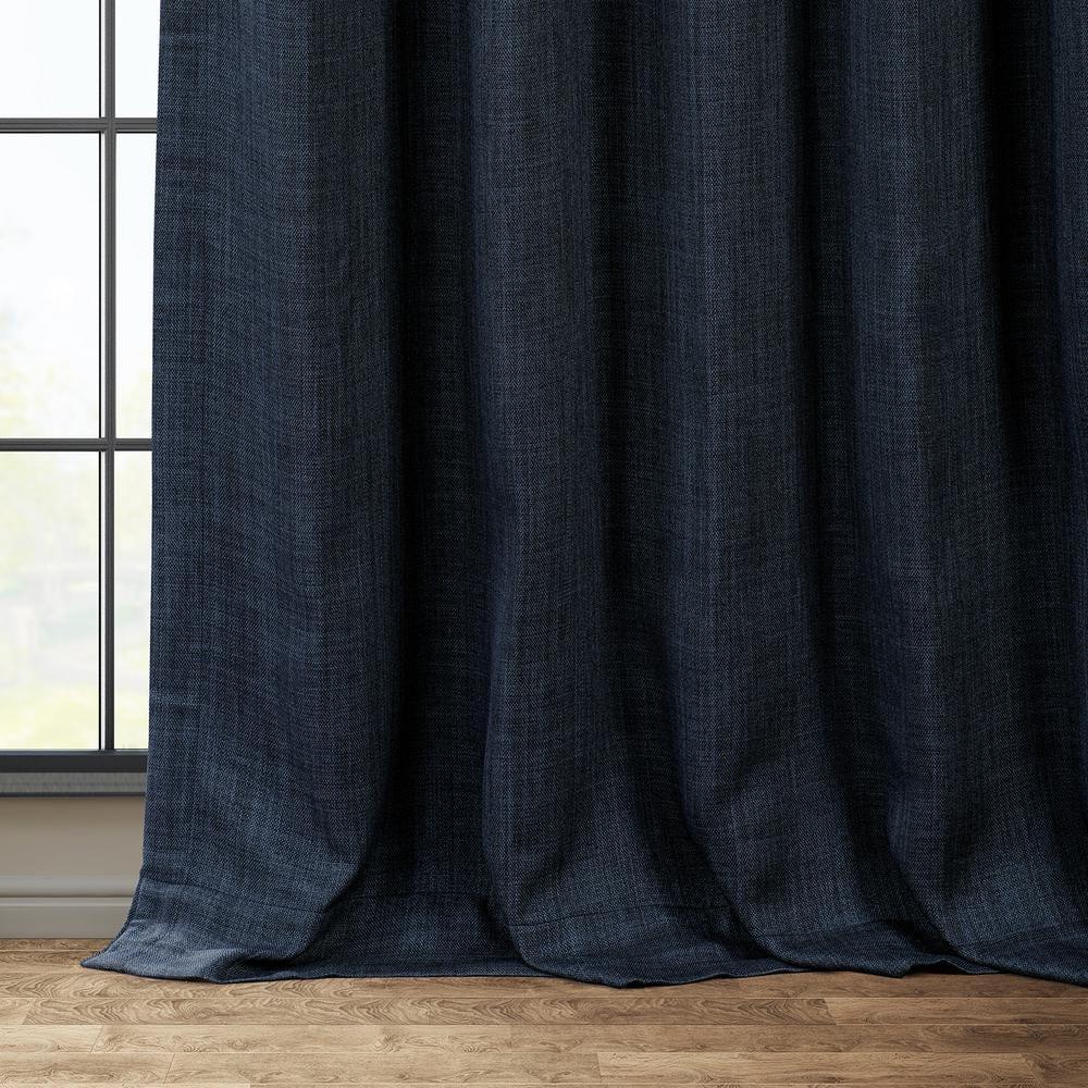 Nightfall Navy Blue Faux Linen Room Darkening Curtain - 50 in. W x 96 in. L (1 Panel)