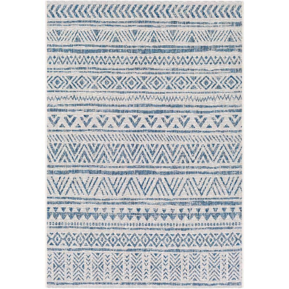 Blue and White Flat Woven Synthetic 10' x 14' Area Rug