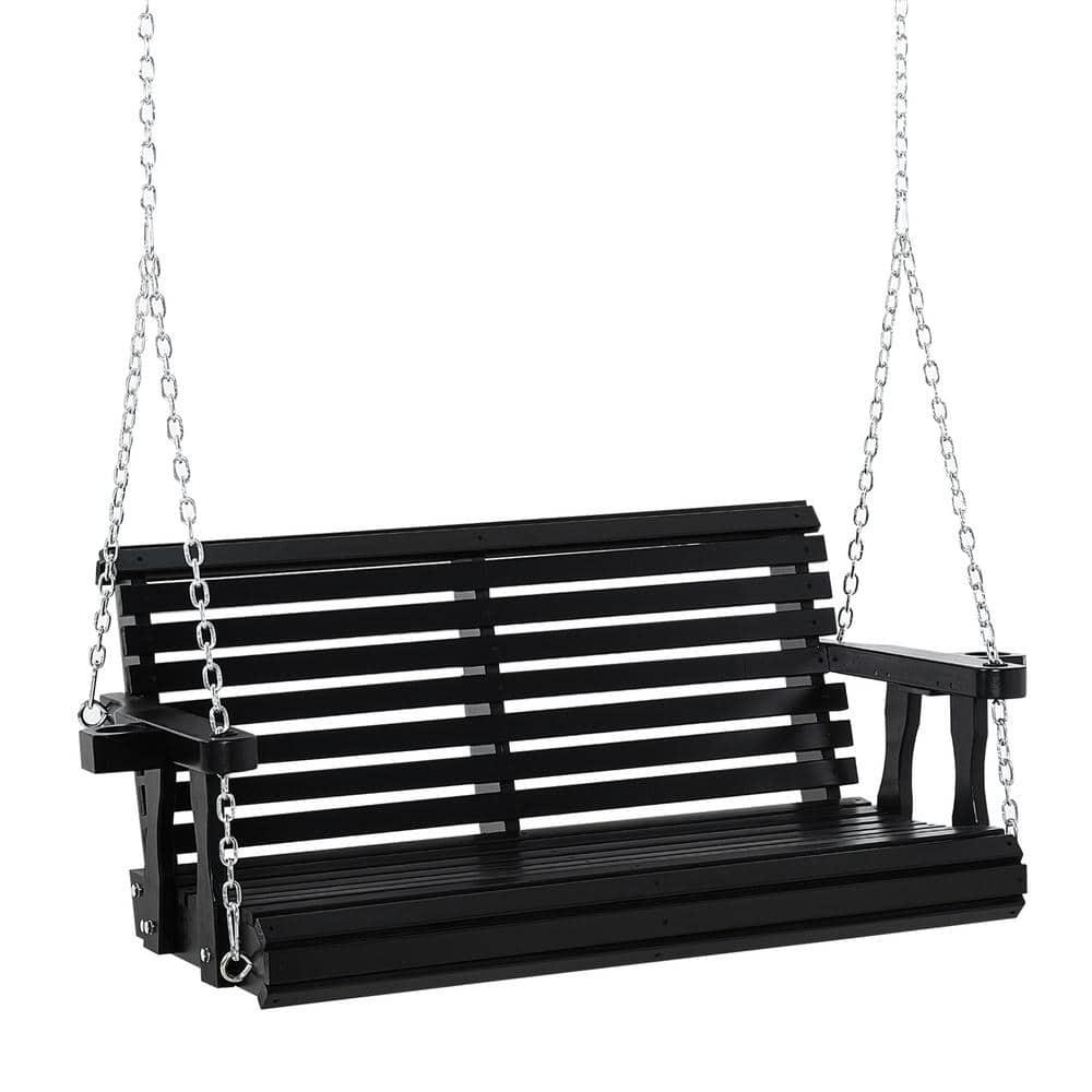 Outsunny 46" 2-Person Porch Swing Wooden Patio Swing Bench with Cup Holders, Slatted Design, & Chains Included, 440lb Weight Capacity, Black