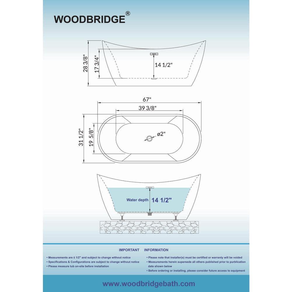 WOODBRIDGE 67" Acrylic Freestanding Bathtub Contemporary Soaking White Tub with Matte Black Overflow and Drain,B0010-MB-Drain &O