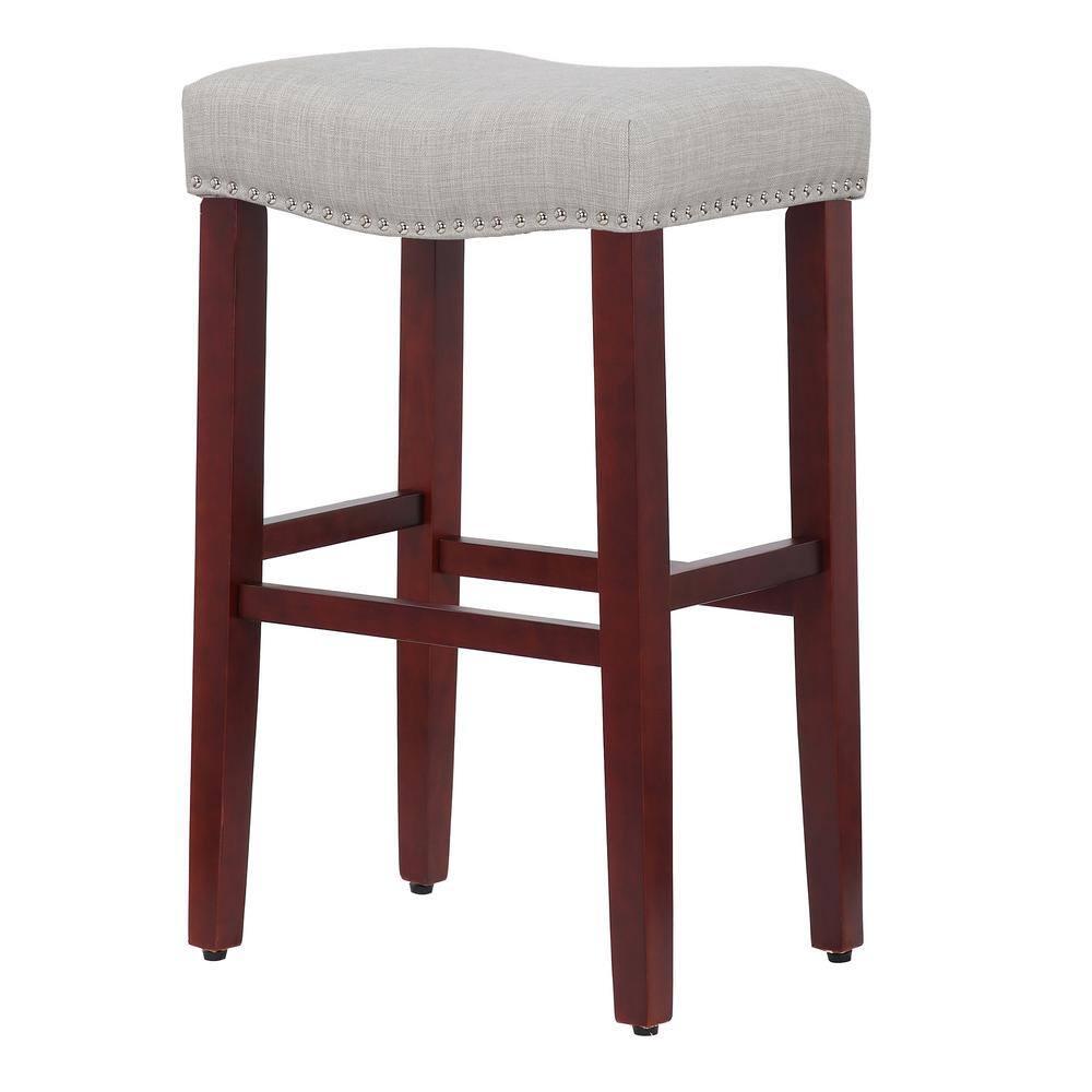 Polytrends Jameson Upholstered Polyester 29" Bar Stool with Cherry Legs - (Set of 2) Cherry/Gray