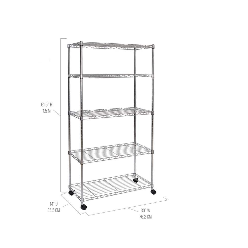 Seville Classics 5-Tier Steel Wire Shelving with Wheels, 30" W x 14" D x 60" H, Chrome Plated