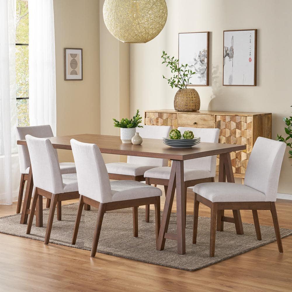 Noble House Caruso Mid-Century Modern 7 Piece Dining Set, Light Beige and Walnut