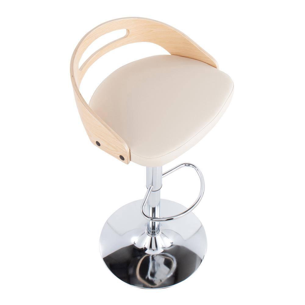 Cassis Mid-Century Modern Adjustable Barstool With Swivel In Natural Wood And Cream Faux Leather