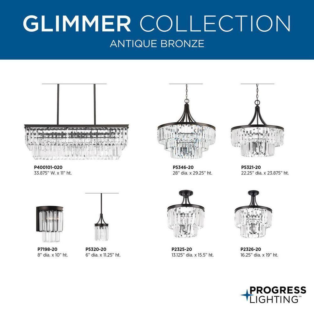 Progress Lighting Glimmer 3-Light Semi-Flush Pendant, Antique Bronze, Prismatic Glass