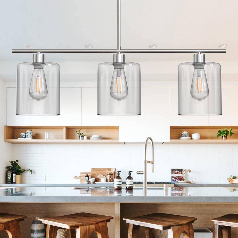 3-Light Pendant Lighting Clear Glass Pendant Lighting for Kitchen Island Brushed Nickel Hanging Light Fixture Pendant Light Dining Room Chandelier Farmhouse