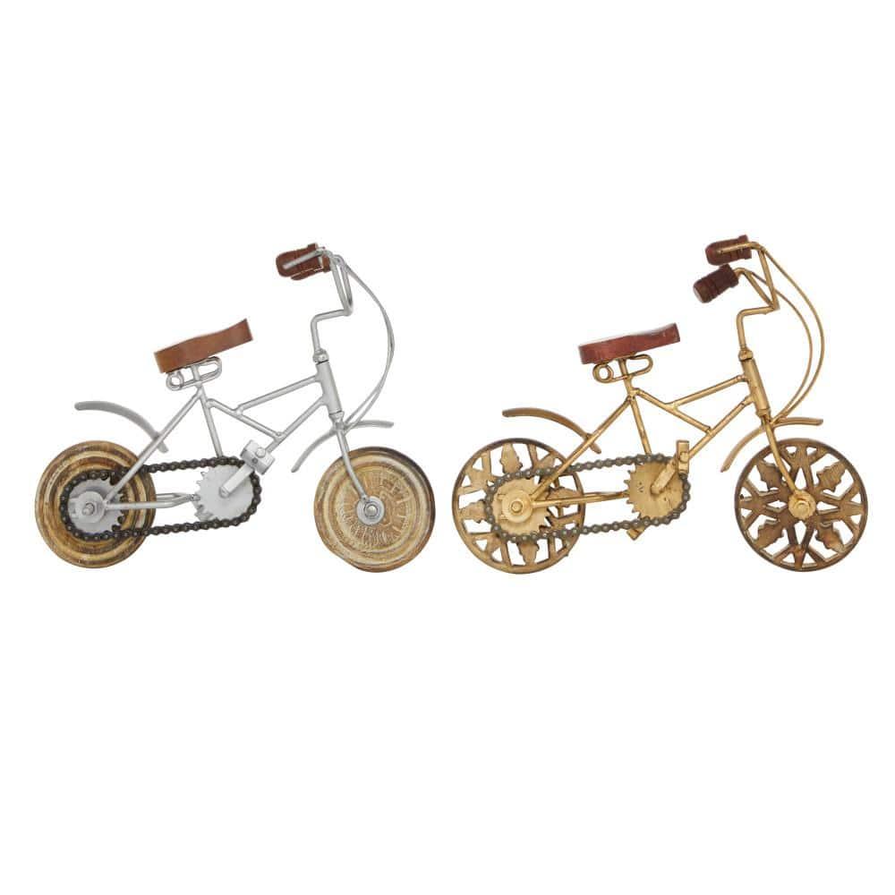 4"W, 8"H Multi Colored Metal Bike Sculpture with Wood Wheels, by DecMode (2 Count)