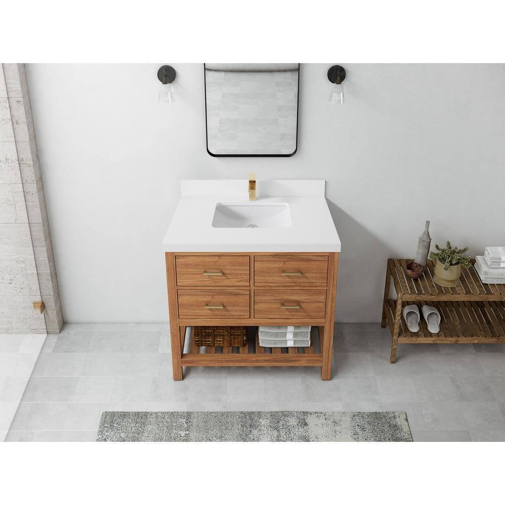 Parker Teak 36 in. W x 22 in. D x 36 in. H Single Sink Bath Vanity Center in Golden Teak with 2 in. White Qt. Top