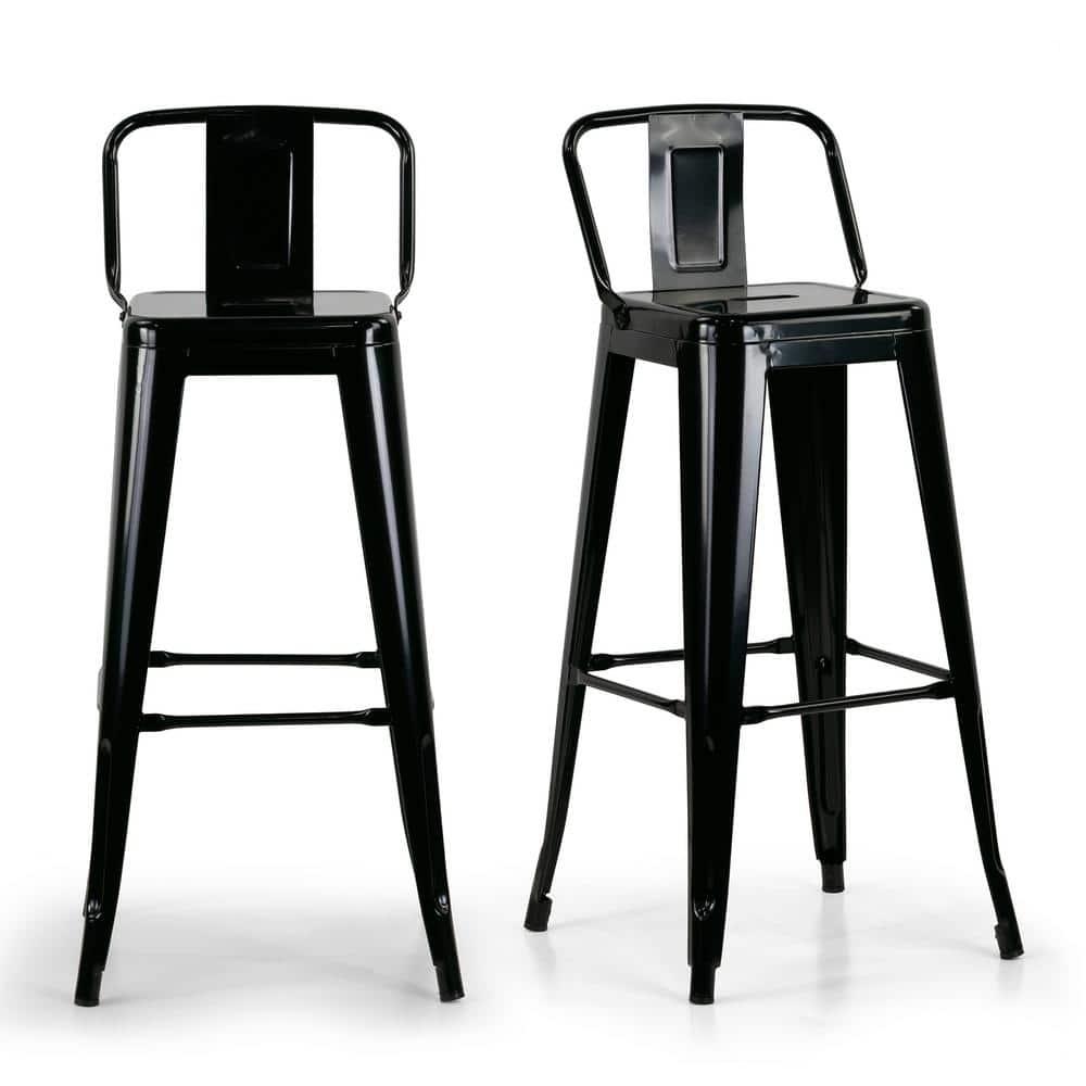Simpli Home Rayne Metal Industrial Stool with Curved Back, Cross-Brace, and Footrest