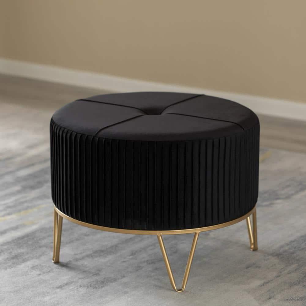 Fabulaxe Round Velvet Ottoman Stool Raised with Hairpin Gold Base, Black, Large