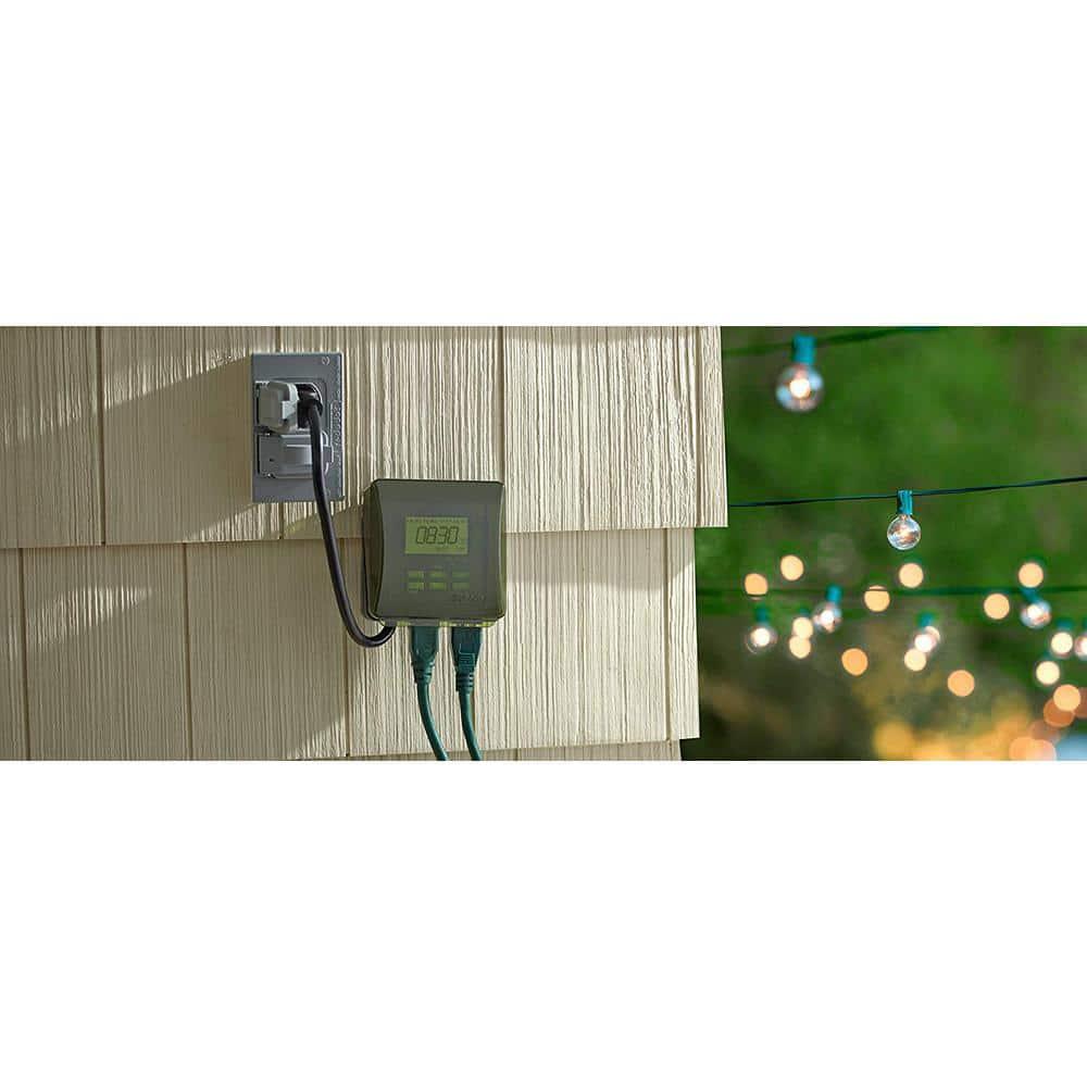 Woods 50015WD Outdoor 7-Day Heavy Duty Digital Plug-in Timer, 2 Grounded Outlets, Weatherproof, Perfect for Automating Holiday/Christmas Lights, Energy Saving Precision Programming, Black & Green