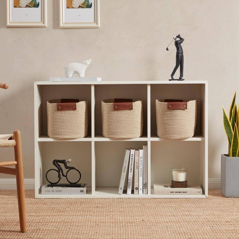 Ornavo Home 3 Pack Cotton Rope Shelf Storage Basket with Faux Leather Handles - Multi Brown