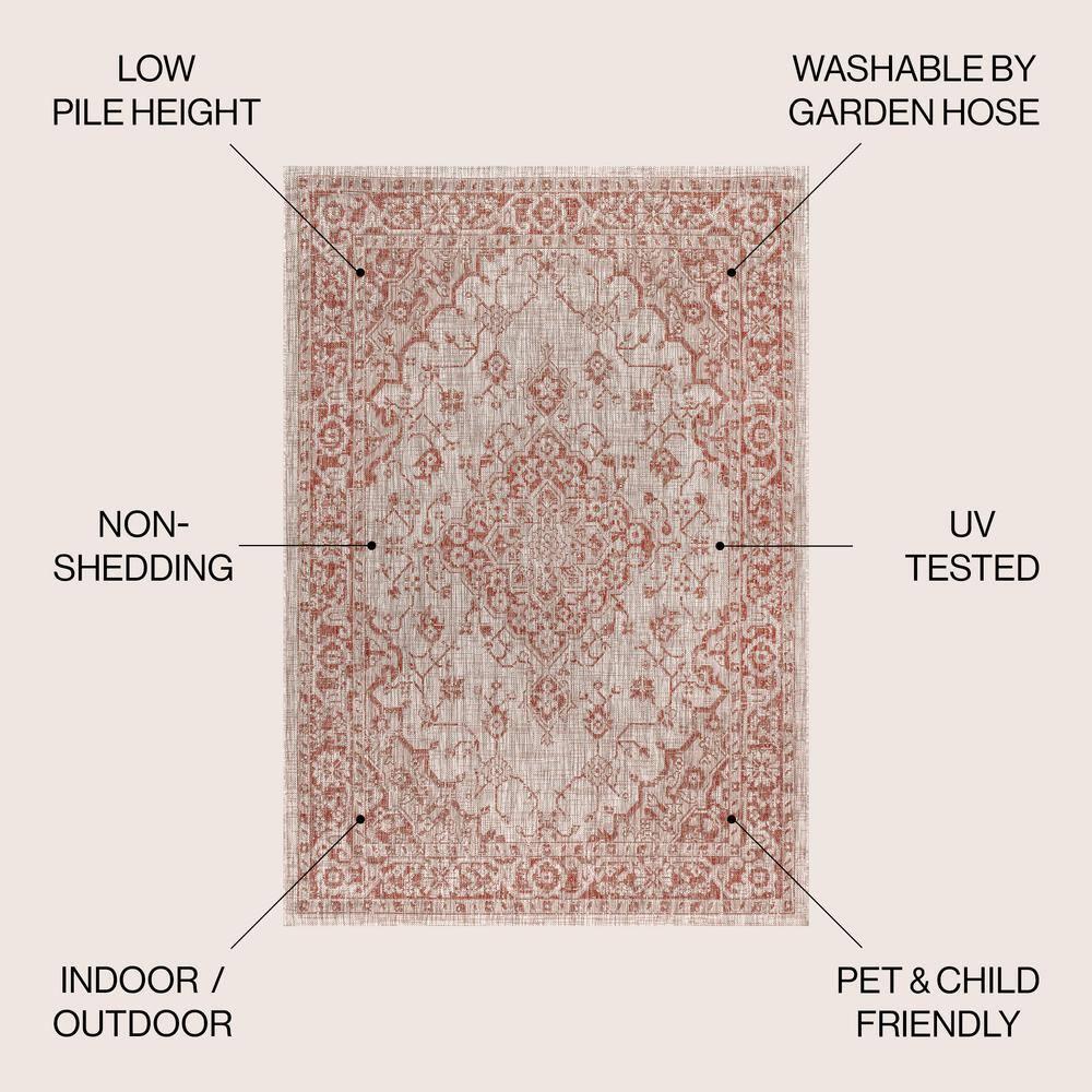4'x6' Rozetta Boho Medallion Textured Weave Indoor/Outdoor Area Rug, Red/Taupe - JONATHAN Y