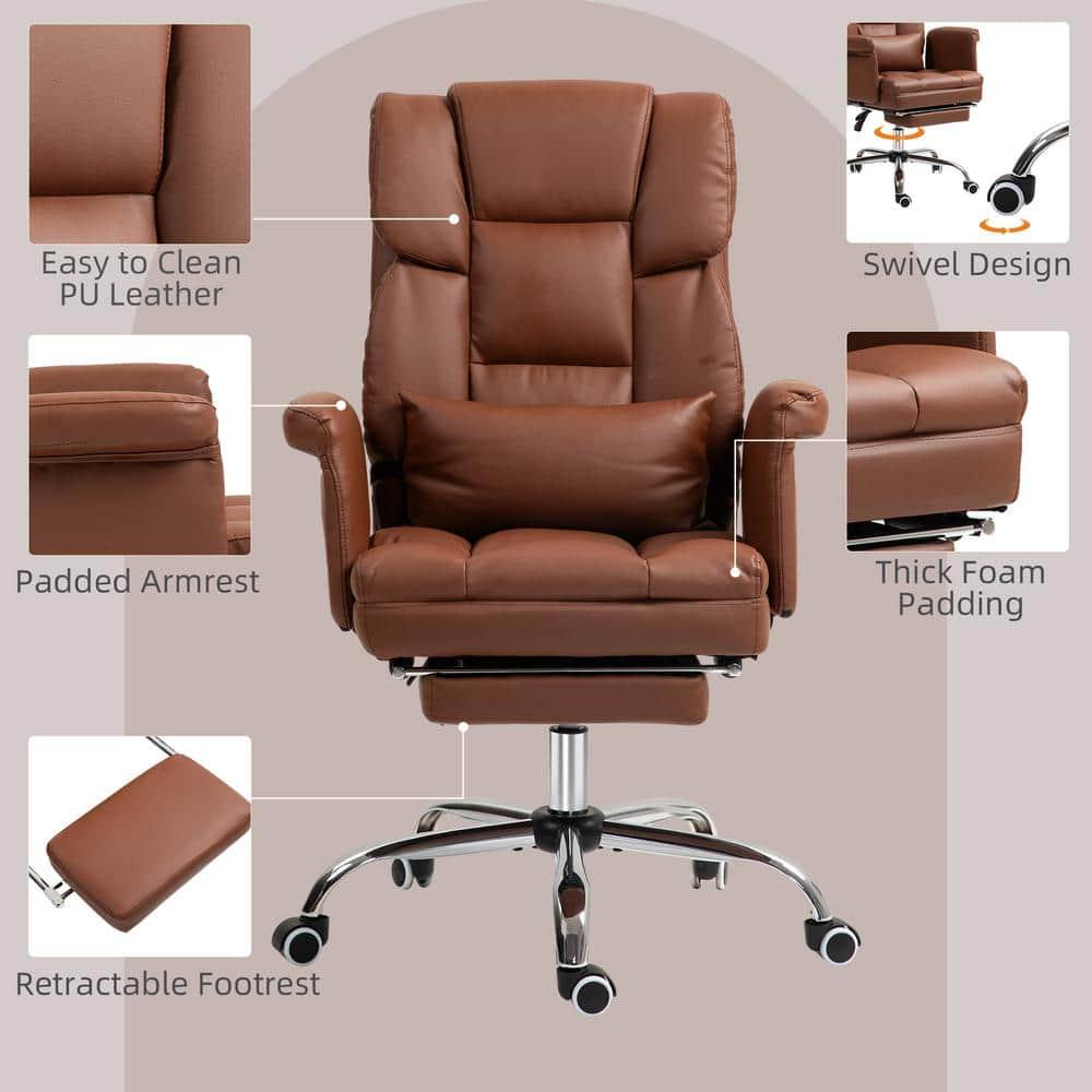 HOMCOM Executive Office Chair with Footrest and Lumbar Support, PU Leather Office Desk Chair, Ergonomic, Reclining and Swivel Chair, Brown