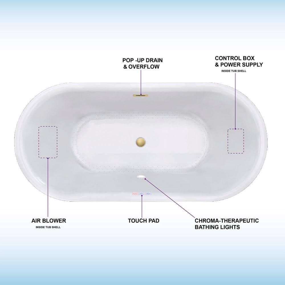 67" x 32" Freestanding Air Soaking Acrylic Bathtub with 208 Jets, 7 Colors LED Lights, Chromatherapy