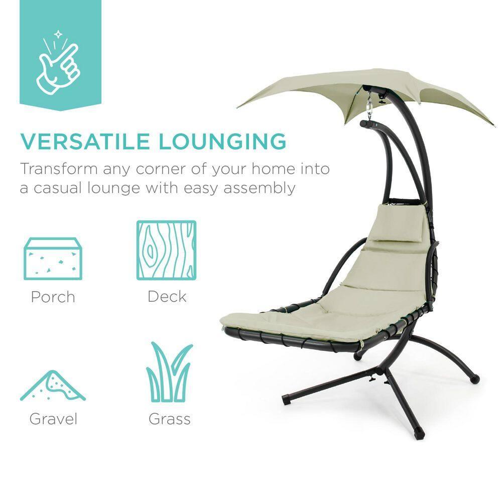 Best Choice Products Hanging Curved Chaise Lounge Chair Swing for Backyard, Patio w/ Pillow, Shade, Stand - Sage