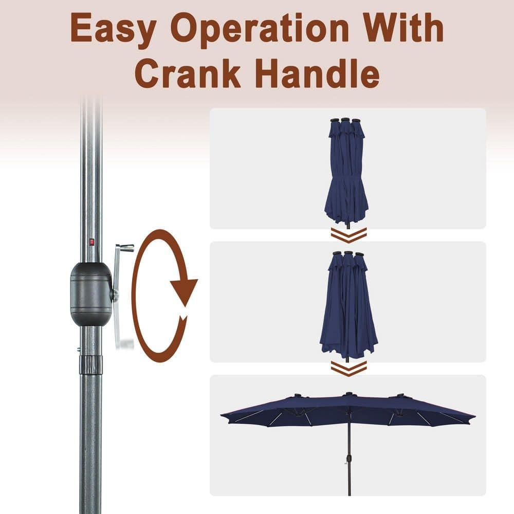 15ft Double-Sided Solar Patio Umbrella with Base (Included) Large Outdoor Umbrella with Solar Lights