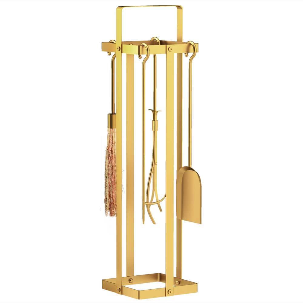 Outsunny 5 Piece Fireplace Tools Set, Metal Fireplace Accessories Set with Brush, Poker, Shovel, Tongs and Stand for Indoor or Outdoor Chimney, Gold