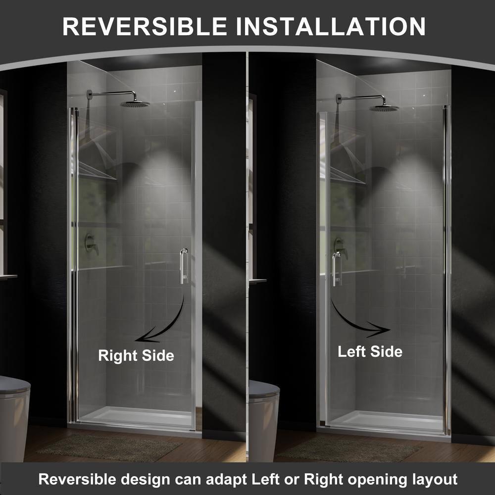 37-3/8 In Semi-Frameless Pivot Shower Door in Chrome With Clear Glass