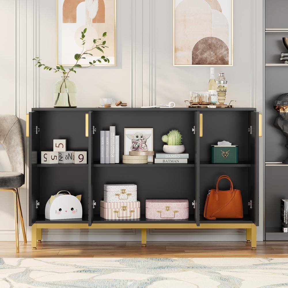 Finmind 59" Buffet Cabinet, 4-Door Storage Sideboard, Black & Gold Coffee Bar Cabinet for Dining Room or Living Room