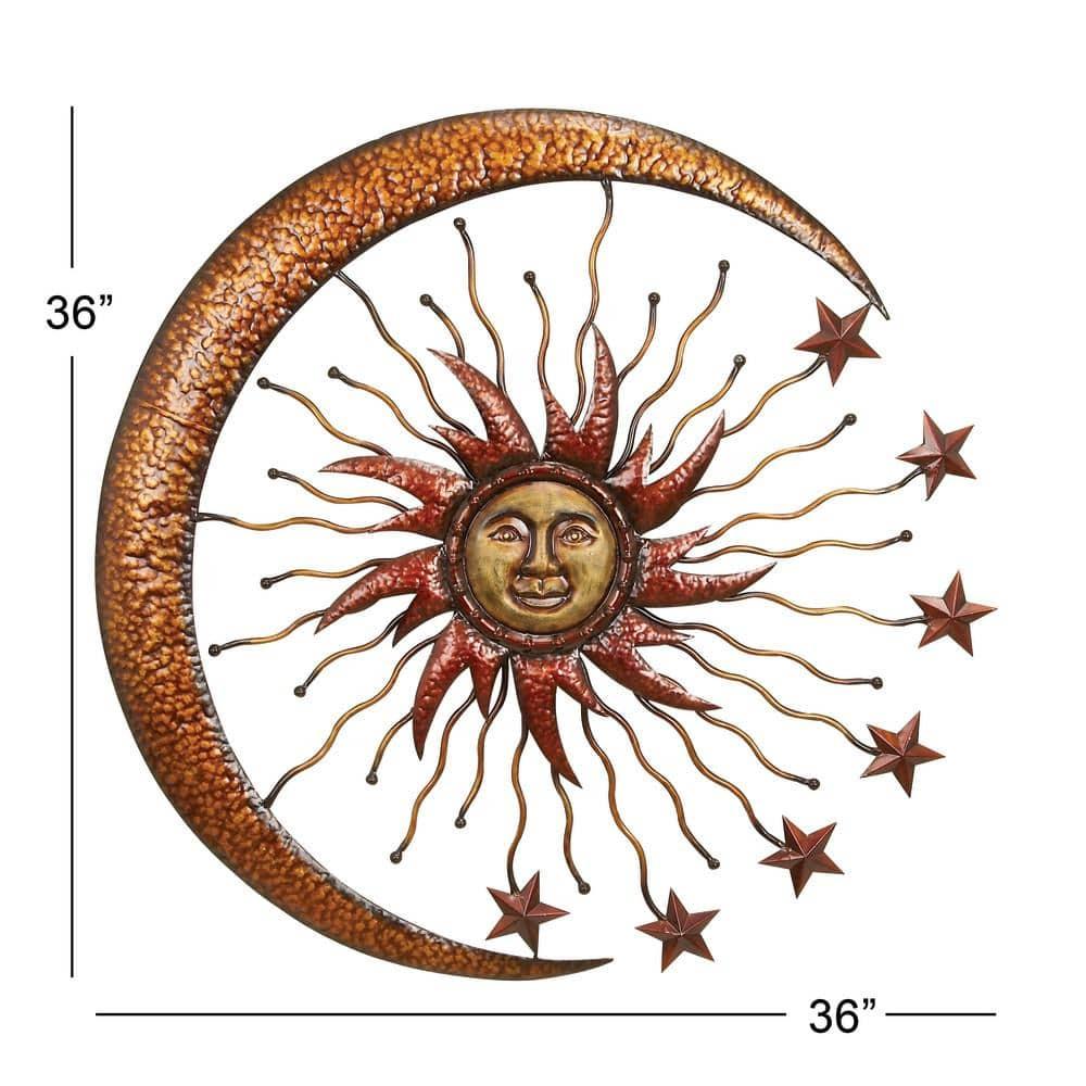 DecMode Copper Metal Indoor Outdoor Sun and Moon Wall Decor with Stars