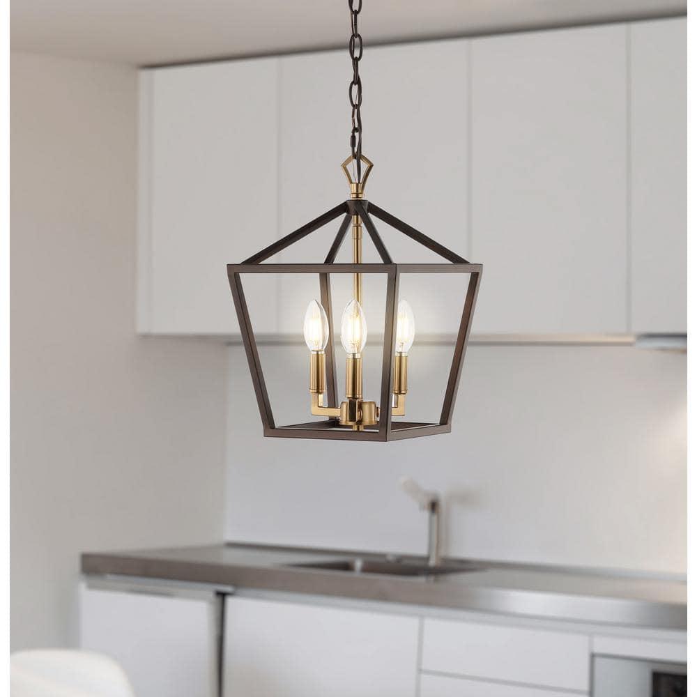 Ojai 10" 3-Light Iron Classic Modern Lantern LED Pendant, Oil Rubbed Bronze/Brass Gold