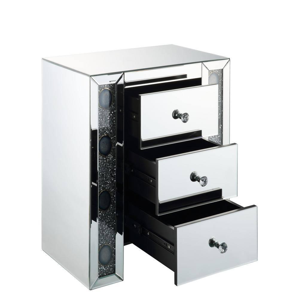 ACME Sonia 3-Drawers Mirror and Wood Nightstand in Mirrored/Faux Agate Stone