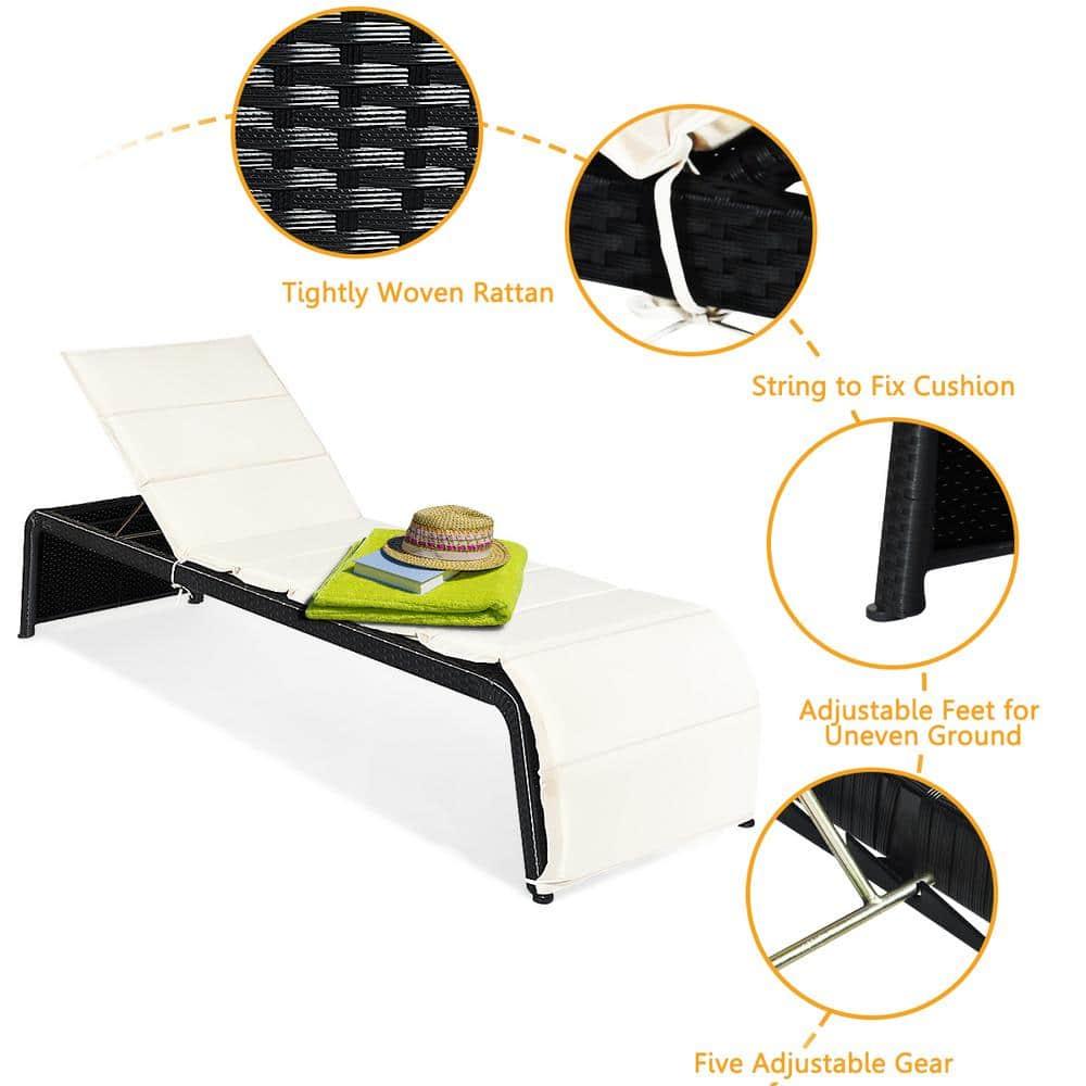 GVN Outdoor Chaise Lounge Rattan Patio Lounge Chair Back Adjustable Chaise Recliner, Outdoor Lounge Recliner Chair with Cushioned for Pool Backyard Beach White