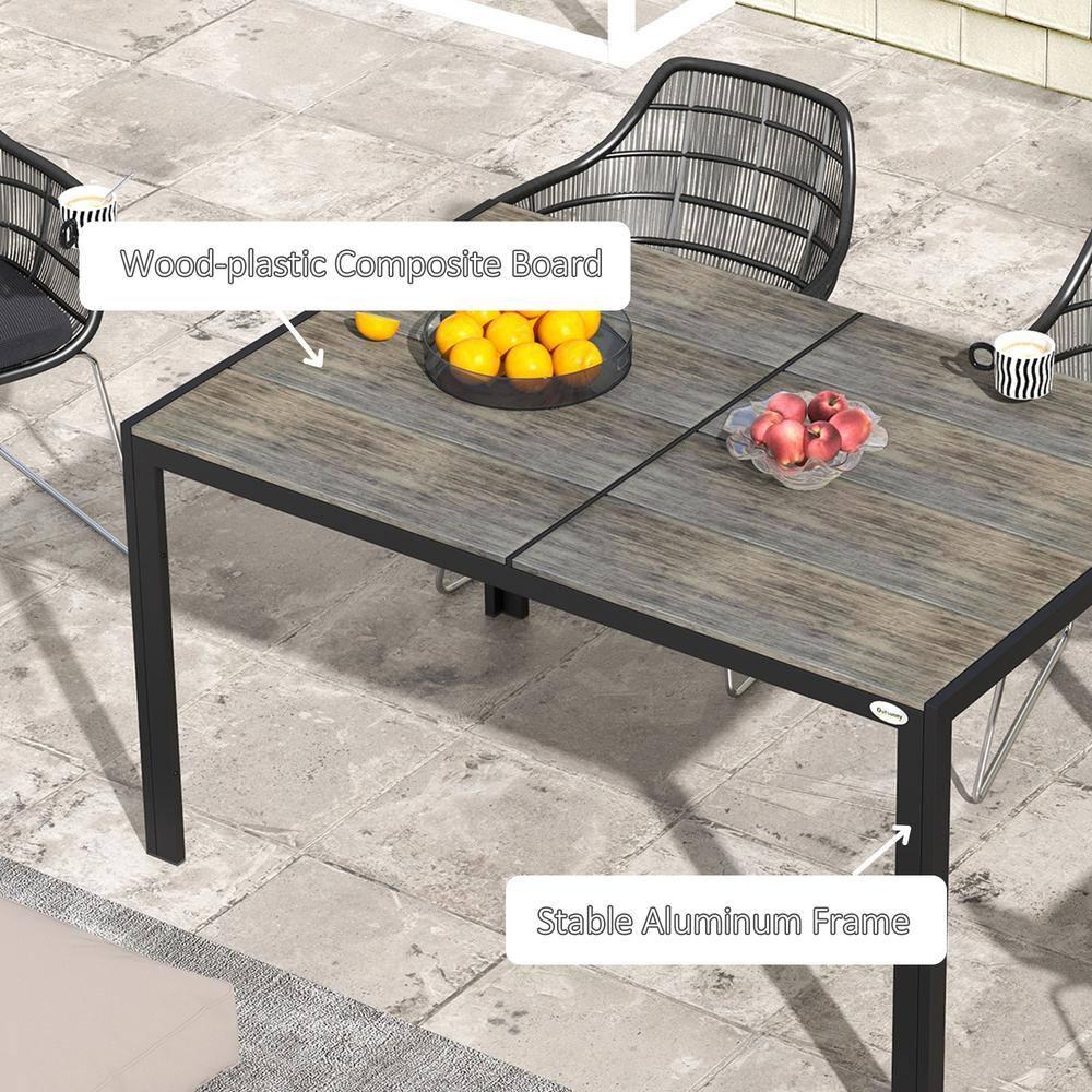 Outsunny Outdoor Dining Table for 6 People, Aluminum Rectangular Patio Table with Faux Wood Tabletop for Backyard, Lawn, 55" x 35.5", Gray