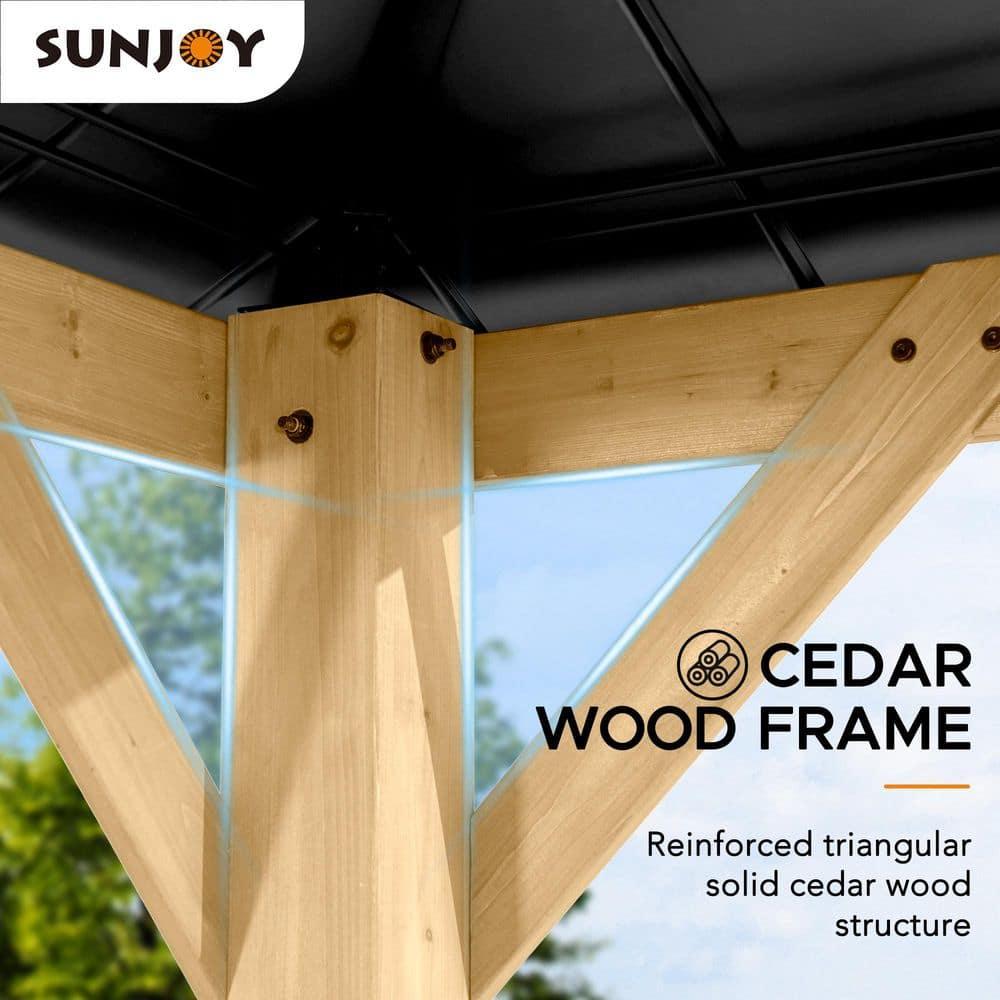 Sunjoy Paula Outdoor Patio 11 ft. x 11 ft. Cedar Framed Gazebo with Black Steel and Polycarbonate Hip Roof Hardtop
