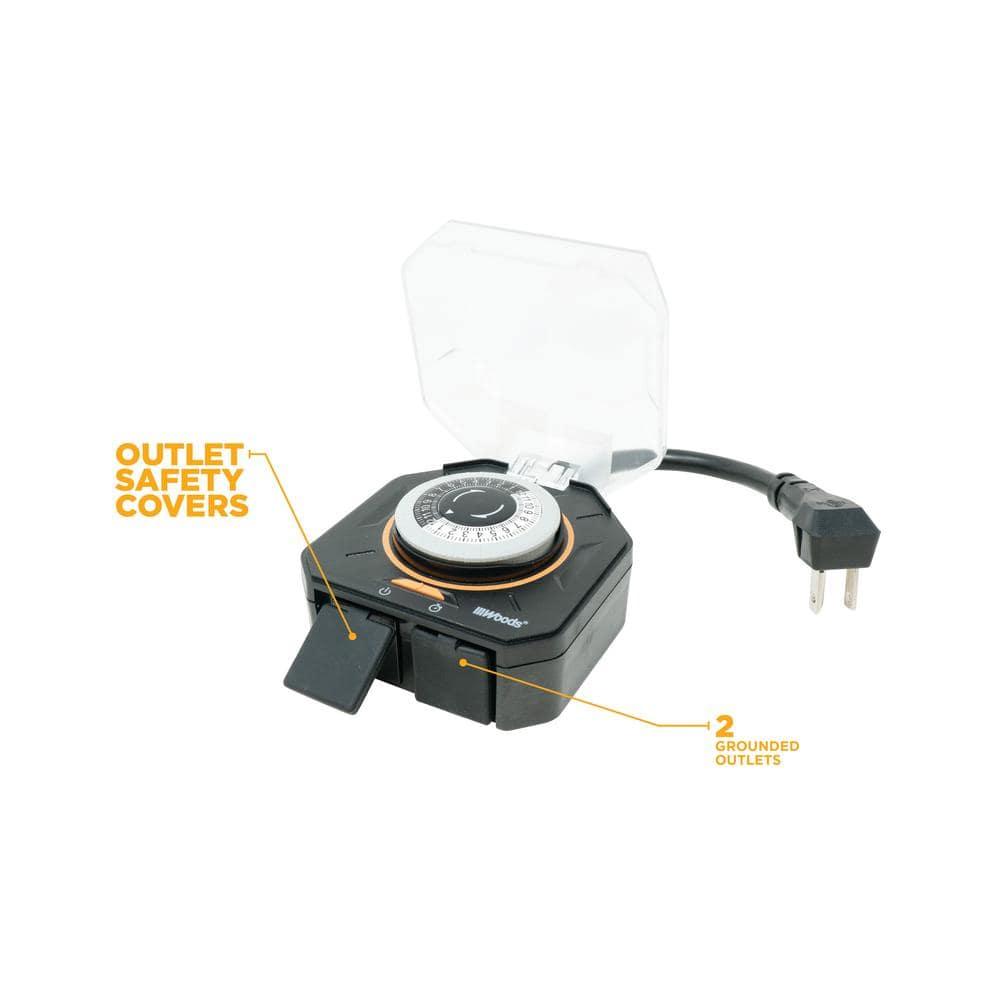 Woods 50123WD Black Outdoor 24-Hour Mechanical Timer with 2 Grounded Outlets