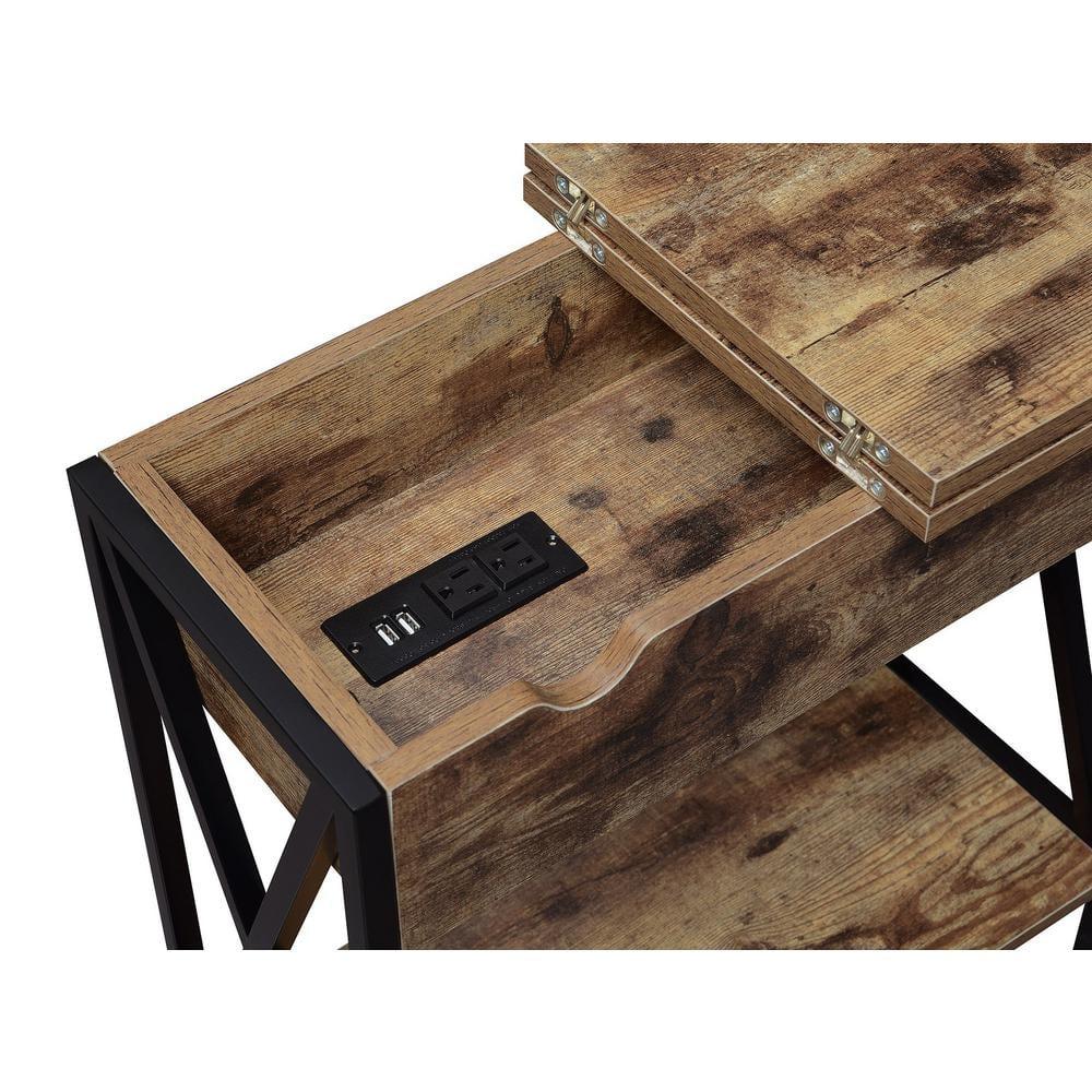 Convenience Concepts Tucson Flip Top End Table with Charging Station and Shelf, Barnwood/Black