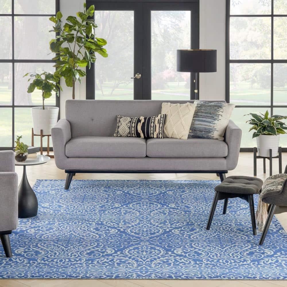 Waverly Washables Collection 7'10" x 9'10" Blue Damask Indoor Rug