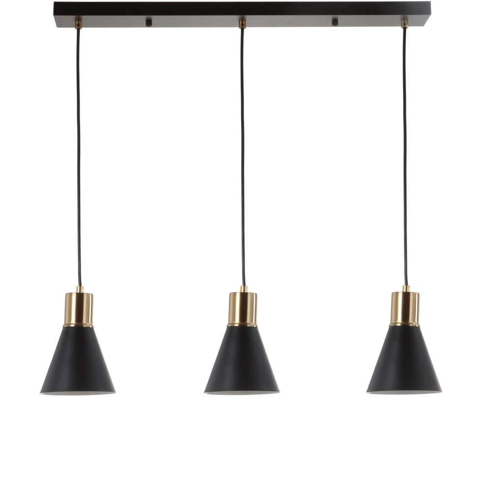 Apollo 33.5" 3-Light Mid-Century Modern Iron Adjustable Linear LED Pendant, Black/Brass Gold