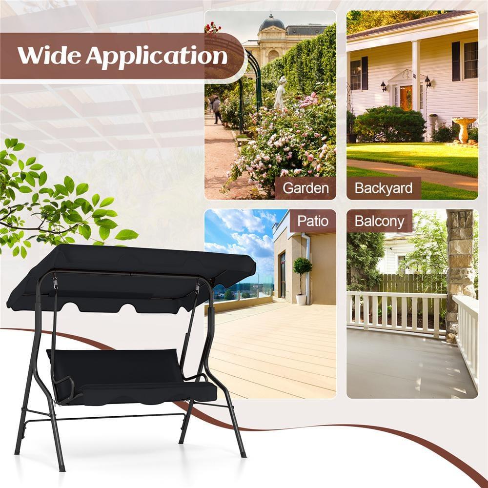Black Steel Frame 3-Person Patio Swing with Adjustable Canopy