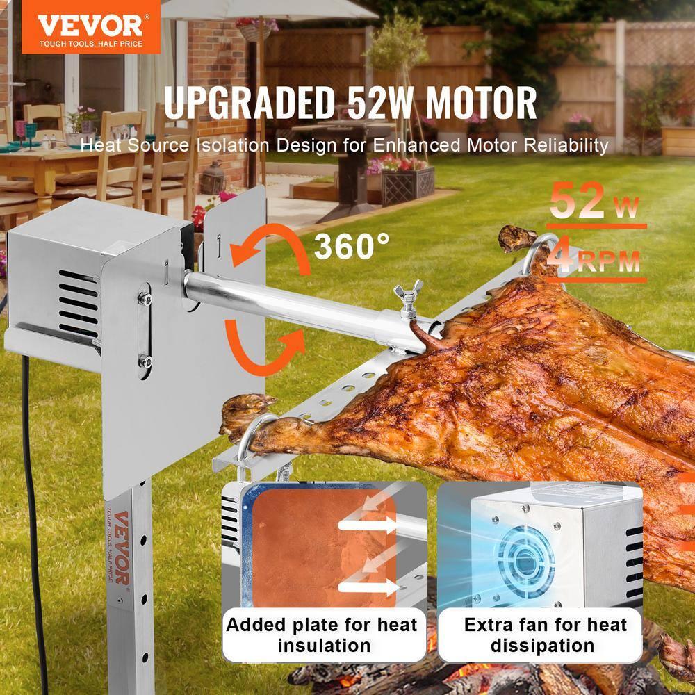 Electric BBQ Rotisserie Grill Kit, 132 lbs. Capacity, 56 in., 52W Motor, Stainless Steel, Spit Rod for Pig, Lamb