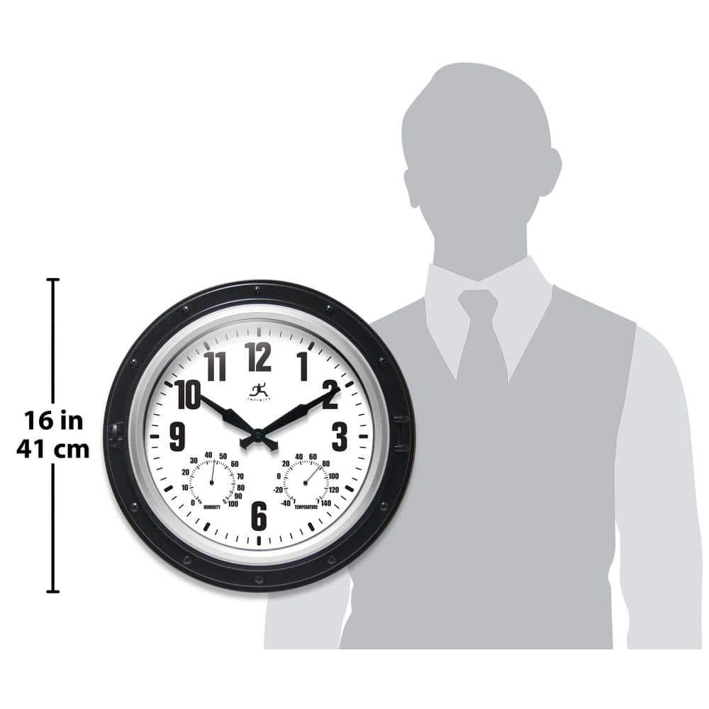 16" Forecaster Wall Clock Silver - Infinity Instruments: Modern Analog, Outdoor Use, Thermometer Feature