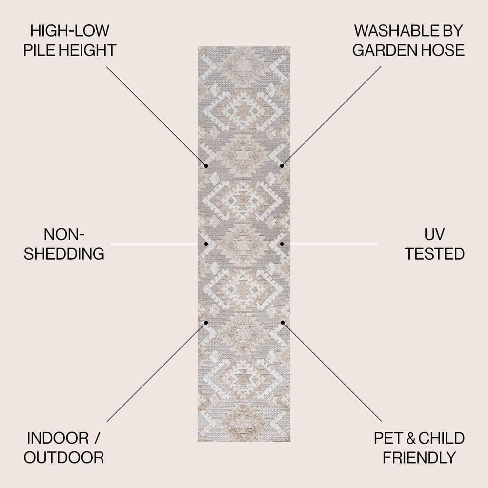 2'x10' Sumak High-Low Pile Neutral Diamond Kilim Indoor/Outdoor Runner Rug, Beige/Gray - JONATHAN Y