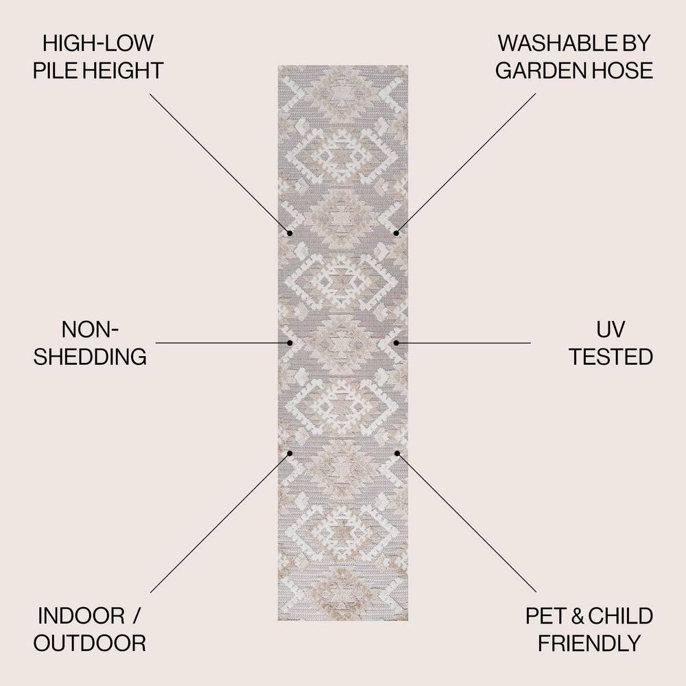 2'x8' Sumak High-Low Pile Neutral Diamond Kilim Indoor/Outdoor Runner Rug, Beige/Gray - JONATHAN Y