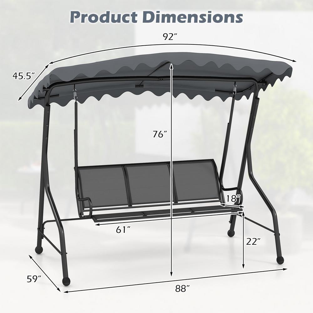 Topcobe 3-Seat Outdoor Porch Canopy Swing with Adjustable Shading, Modern Patio Furniture-Gray