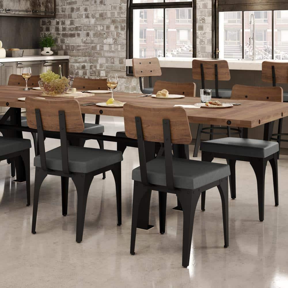 Amisco Symmetry Dining Chair - Grey Faux Leather / Light Brown Distressed Wood / Black Metal (Set of 2)