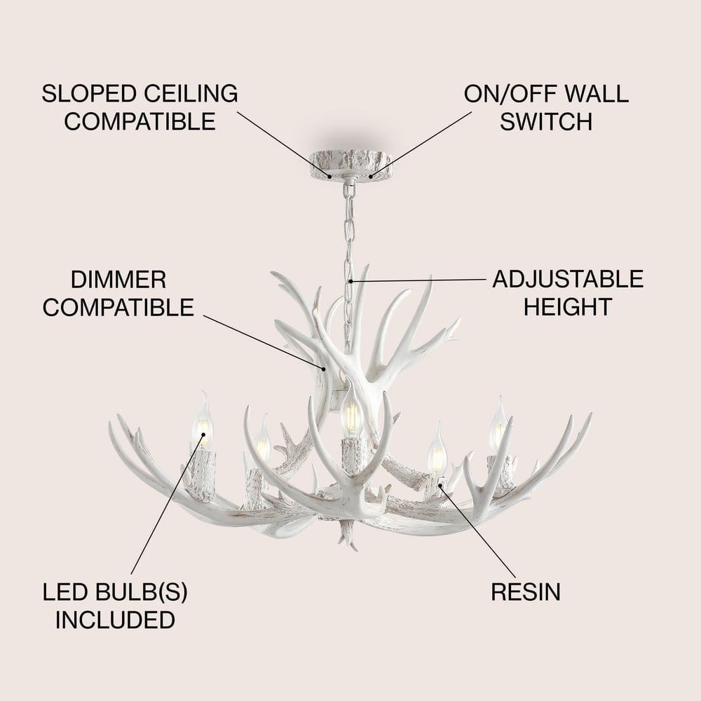 JONATHAN Y Eldora 30" Adjustable Resin Antler 5-Light LED Chandelier, White
