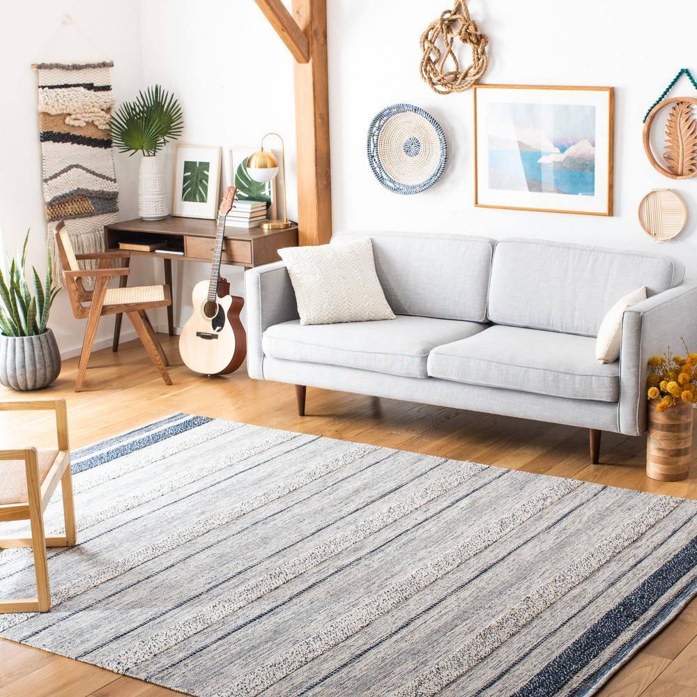 Striped Kilim STK517 Hand Woven Area Rug - Ivory/Navy - 8'x10' - Safavieh.
