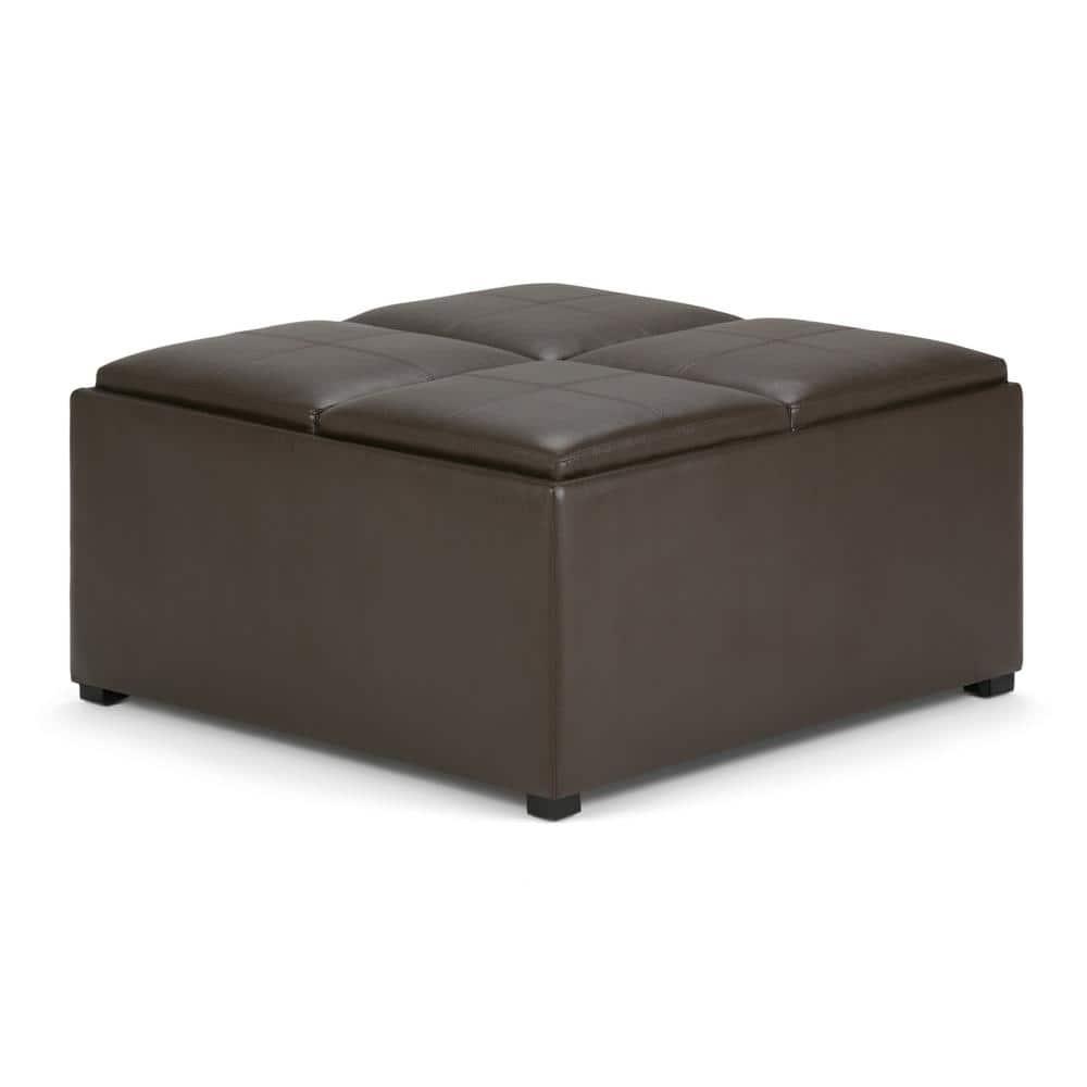 Simpli Home Avalon 35"W Upholstered Square Coffee Table Storage Ottoman with Flip-Over Trays